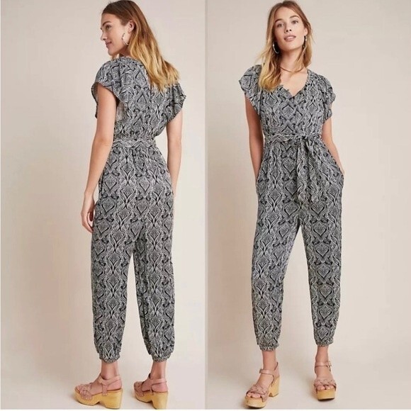 Anthropologie Zadie Black and White Tropical Patterned Satin Jumpsuit Size 2 - Picture 12 of 12